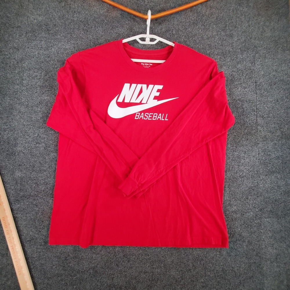 Nike T-Shirt Mens 2XL The Nike Tee Red Backwards K Baseball Long Sleeve Graphic